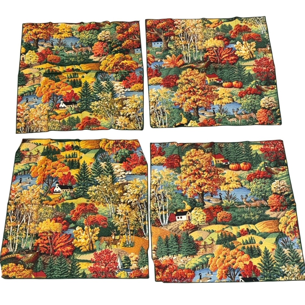 Vintage Autumn Landscape Fabric Squares Deer Pheasant Cottagecore Crafting Fall